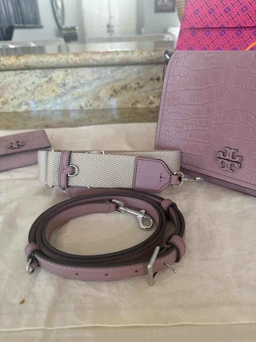 845!+ New Tory Burch THEA EMBOSSED SUEDE FLAP CROSSBODY & Matching Wallet